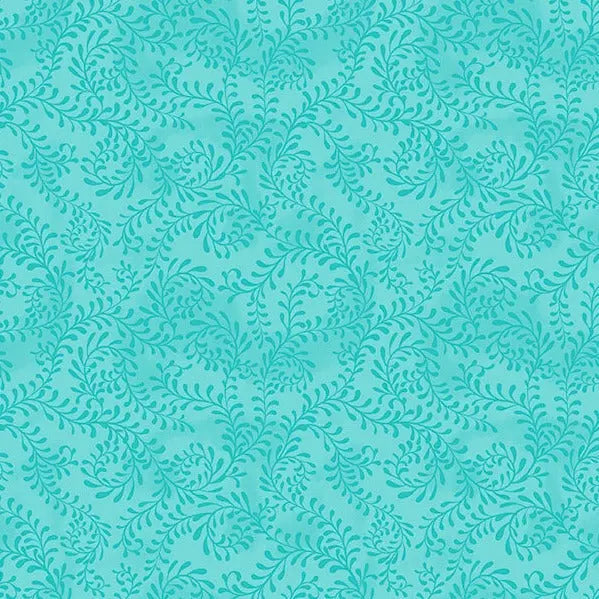 Blue Turquoise Swirling Leaves Cotton Wideback Fabric Per Yard - Linda's Electric Quilters