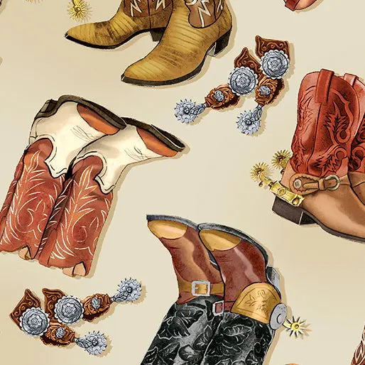 Natural Cowboy Boots Cotton Wideback Fabric per yard
