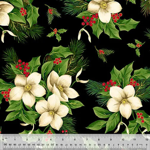 Black Christmas Blooms Wideback Cotton Fabric Per Yard - Linda's Electric Quilters