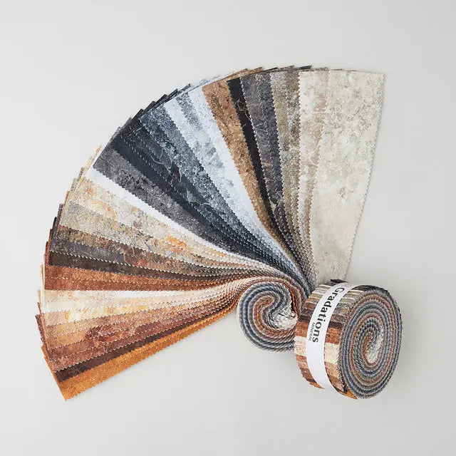 Jelly roll with brown, gray, and black gradations of color and a stone textured appearance. The gorgeous colors and textures from Northcott’s Stonehenge line continue in the Stonehenge Gradations II collection by Linda Ludovico. The mottled colors of these fabrics make them fantastic blenders.