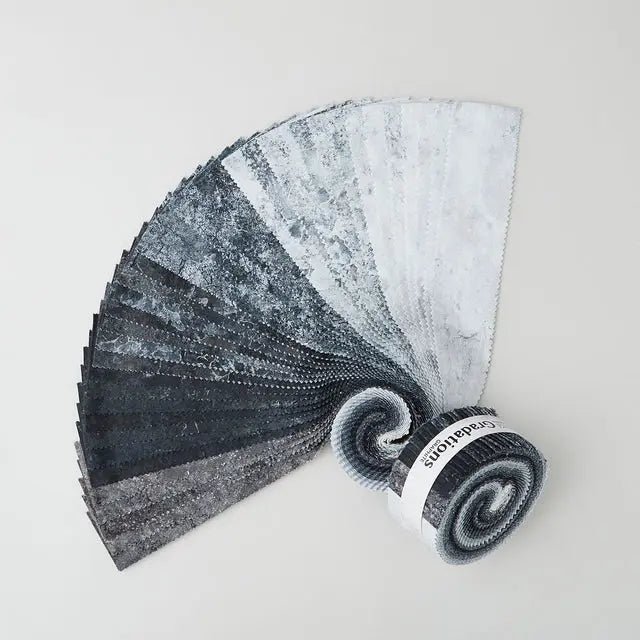 Jelly roll with black and gray gradations of color and a stone textured appearance. The gorgeous colors and textures from Northcott’s Stonehenge line continue in the Stonehenge Gradations II collection by Linda Ludovico. The mottled colors of these fabrics make them fantastic blenders.
