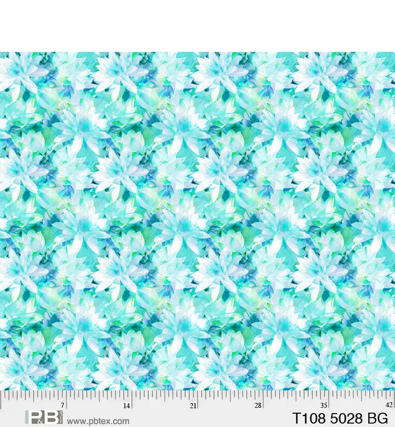 Blue Green Translucence Flowers Cotton Wideback Fabric per yard