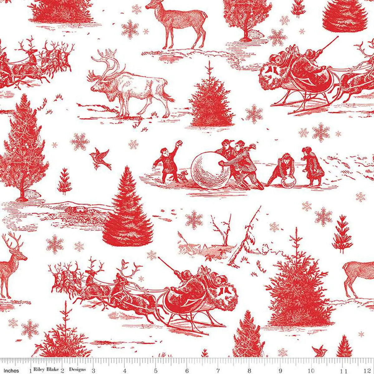 White Red Peace on Earth Christmas Scene Wideback Fabric Per Yard - Linda's Electric Quilters