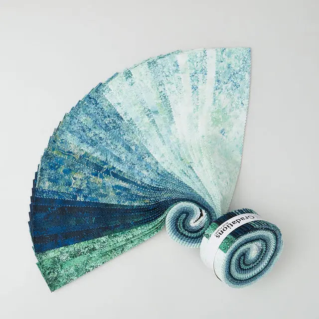 Jelly roll with blue and green gradations of color and a stone textured appearance. The gorgeous colors and textures from Northcott’s Stonehenge line continue in the Stonehenge Gradations II collection by Linda Ludovico. The mottled colors of these fabrics make them fantastic blenders.