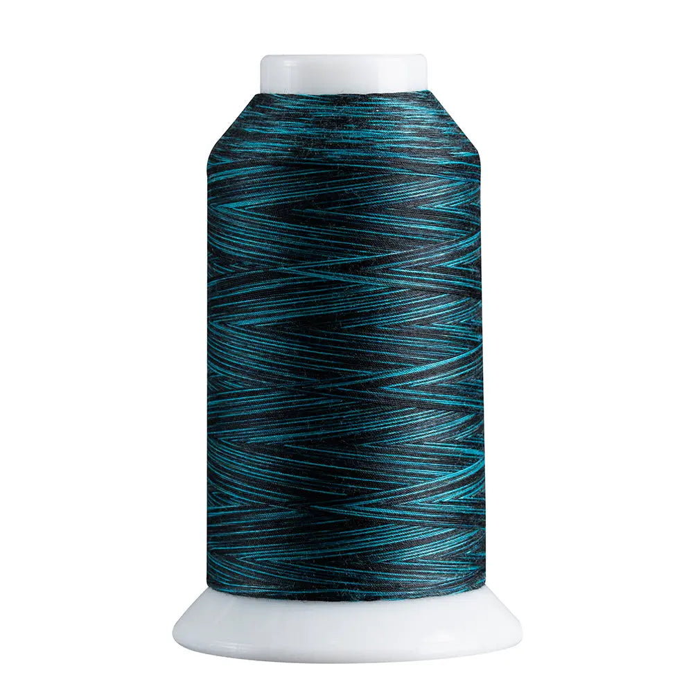 Teal & Black quilting and decorative stitching thread. Superior Spirit is a variegated, lint-free, matte-finish, smooth 40-wt. 3 filament polyester thread. Choose color options to match school or team colors and stitch a quilt for your favorite athlete or fan. Perfect for T-shirt quilts or embroideries. Pair with So Fine! as a bobbin thread for perfect stitches.